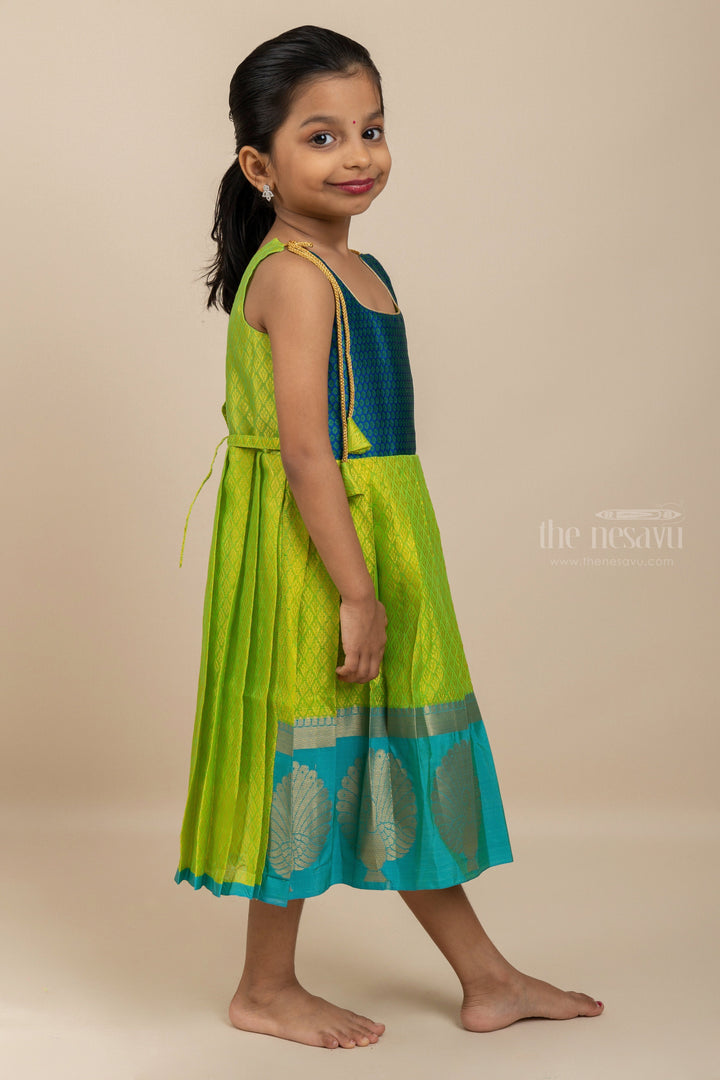 The Nesavu Tie-up Frock Blue with Green Silk Tie-Up Frock With Long Zari Border For Girls psr silks Nesavu