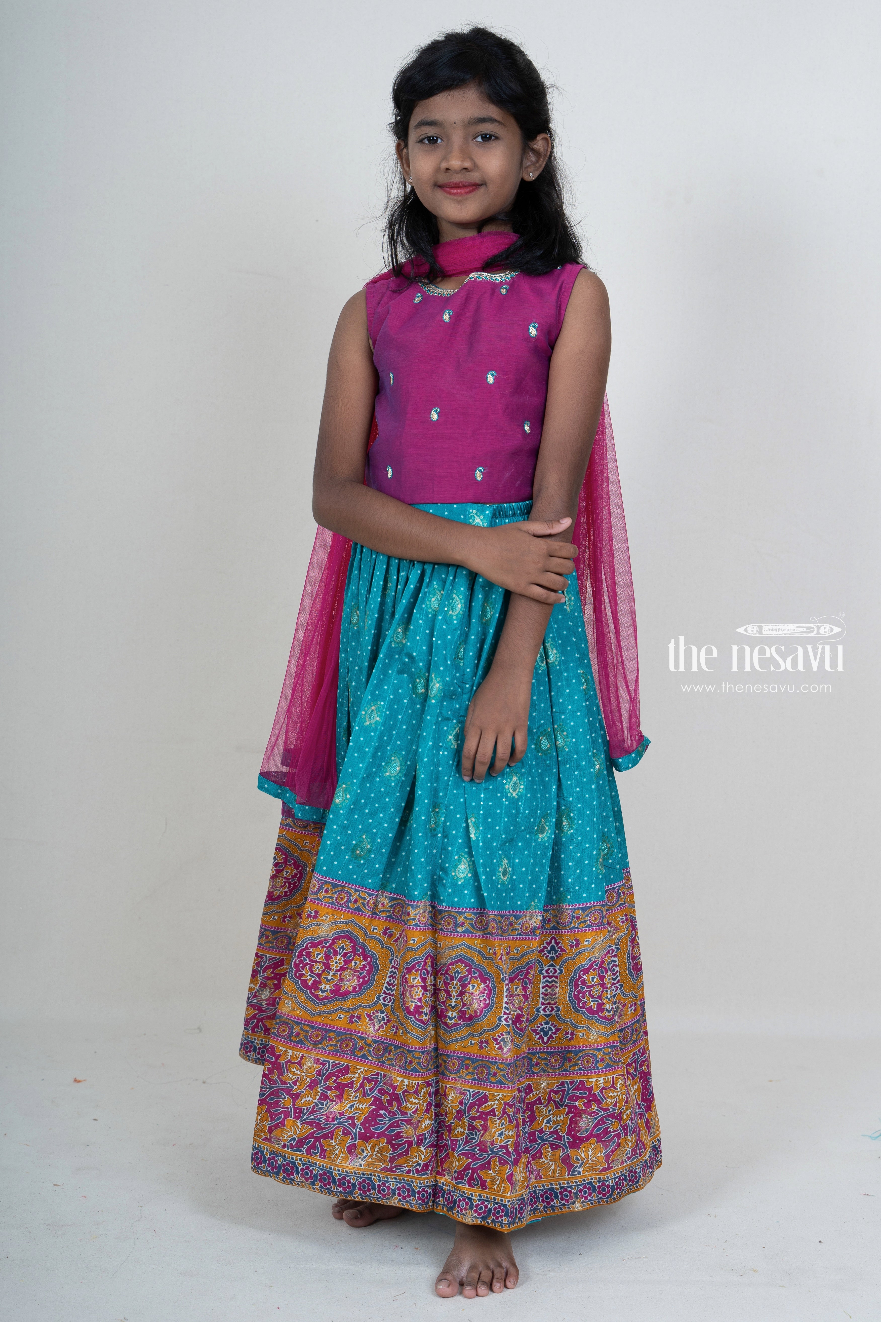 Buy Pink Embroidery Choli and Green Net Lehenga Dupatta Set For Girls Online