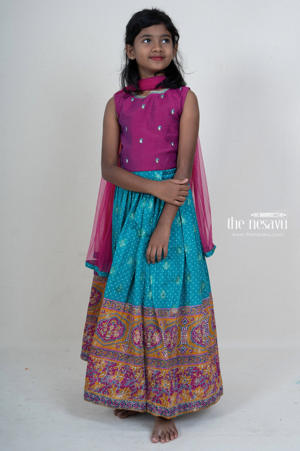The Nesavu Lehenga & Ghagra Blue With Purple Printed Silk Lehenga For Girls With Embellishments psr silks Nesavu