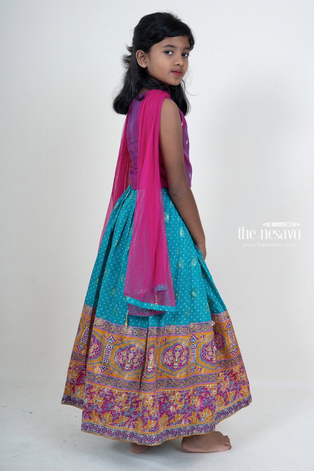 The Nesavu Lehenga & Ghagra Blue With Purple Printed Silk Lehenga For Girls With Embellishments psr silks Nesavu