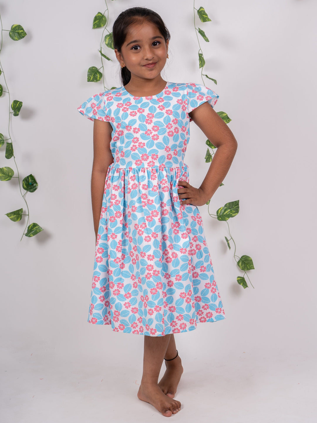 The Nesavu Frocks & Dresses Blue With Red Flower Printed On White Frock For Girl Kids psr silks Nesavu 16 (1Y ) / Skyblue GFC814