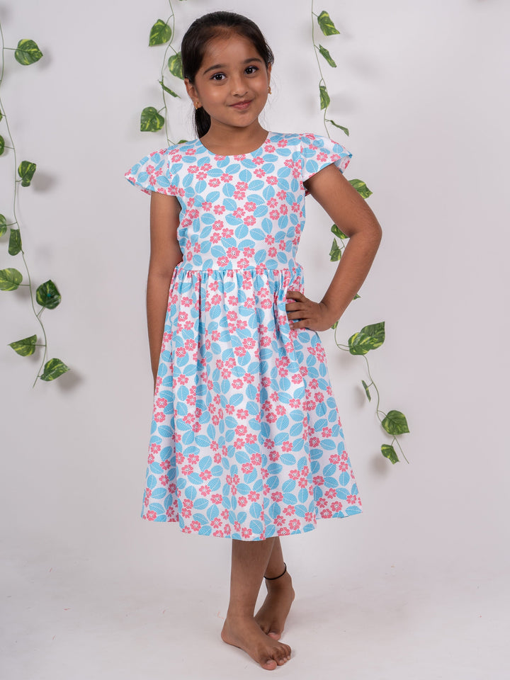 The Nesavu Frocks & Dresses Blue With Red Flower Printed On White Frock For Girl Kids psr silks Nesavu 16 (1Y ) / Skyblue GFC814