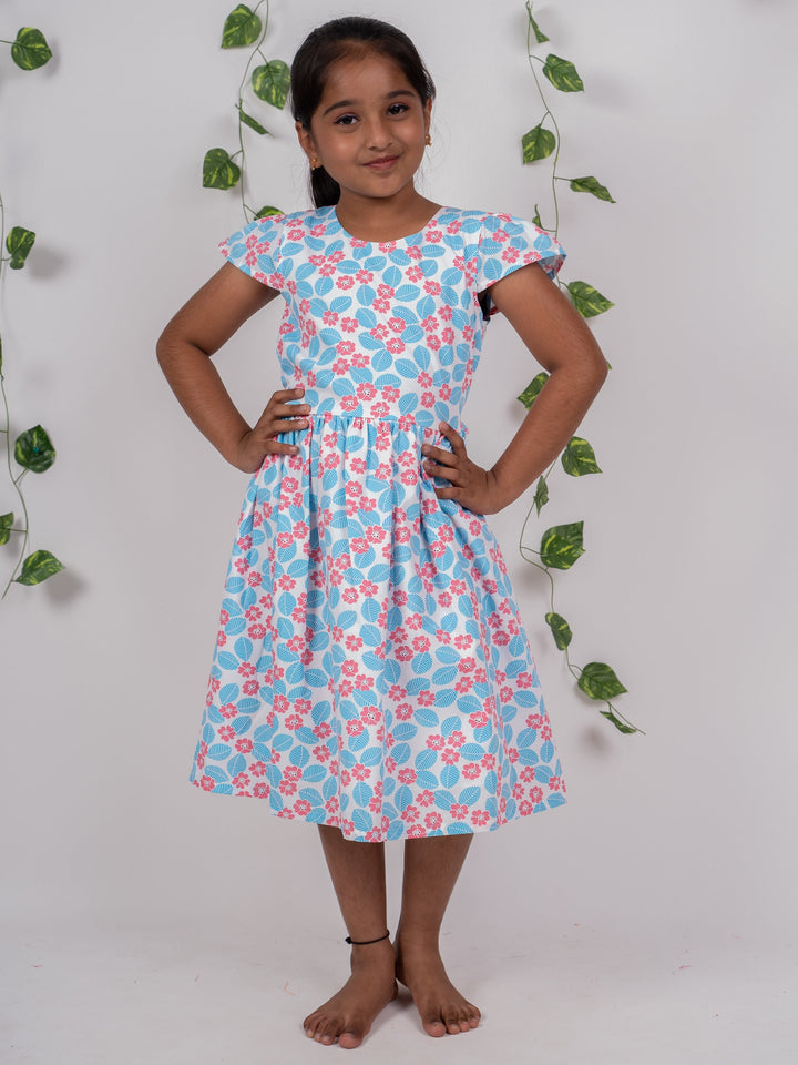 The Nesavu Frocks & Dresses Blue With Red Flower Printed On White Frock For Girl Kids psr silks Nesavu