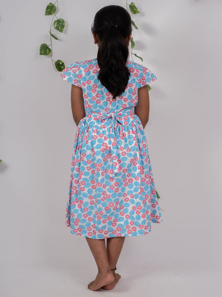 The Nesavu Frocks & Dresses Blue With Red Flower Printed On White Frock For Girl Kids psr silks Nesavu