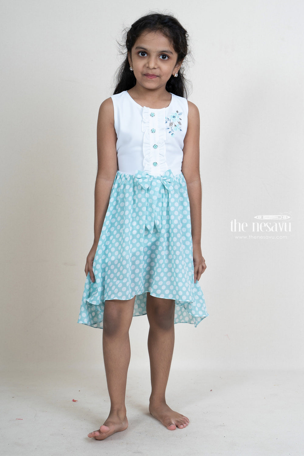 The Nesavu Frocks & Dresses Blue with white polka dot embroidery crepe cotton frock for girls psr silks Nesavu