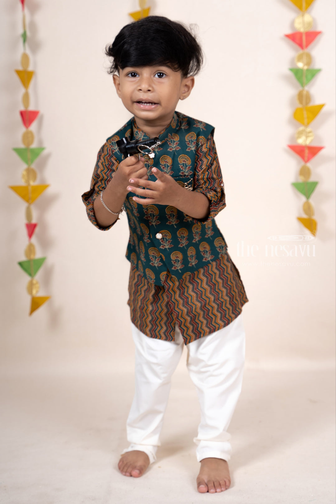 The Nesavu Ethnic Sets Bottle Green Printed Cotton Kurta Wear For Baby Boys psr silks Nesavu 10 (NB) / Brown BES193
