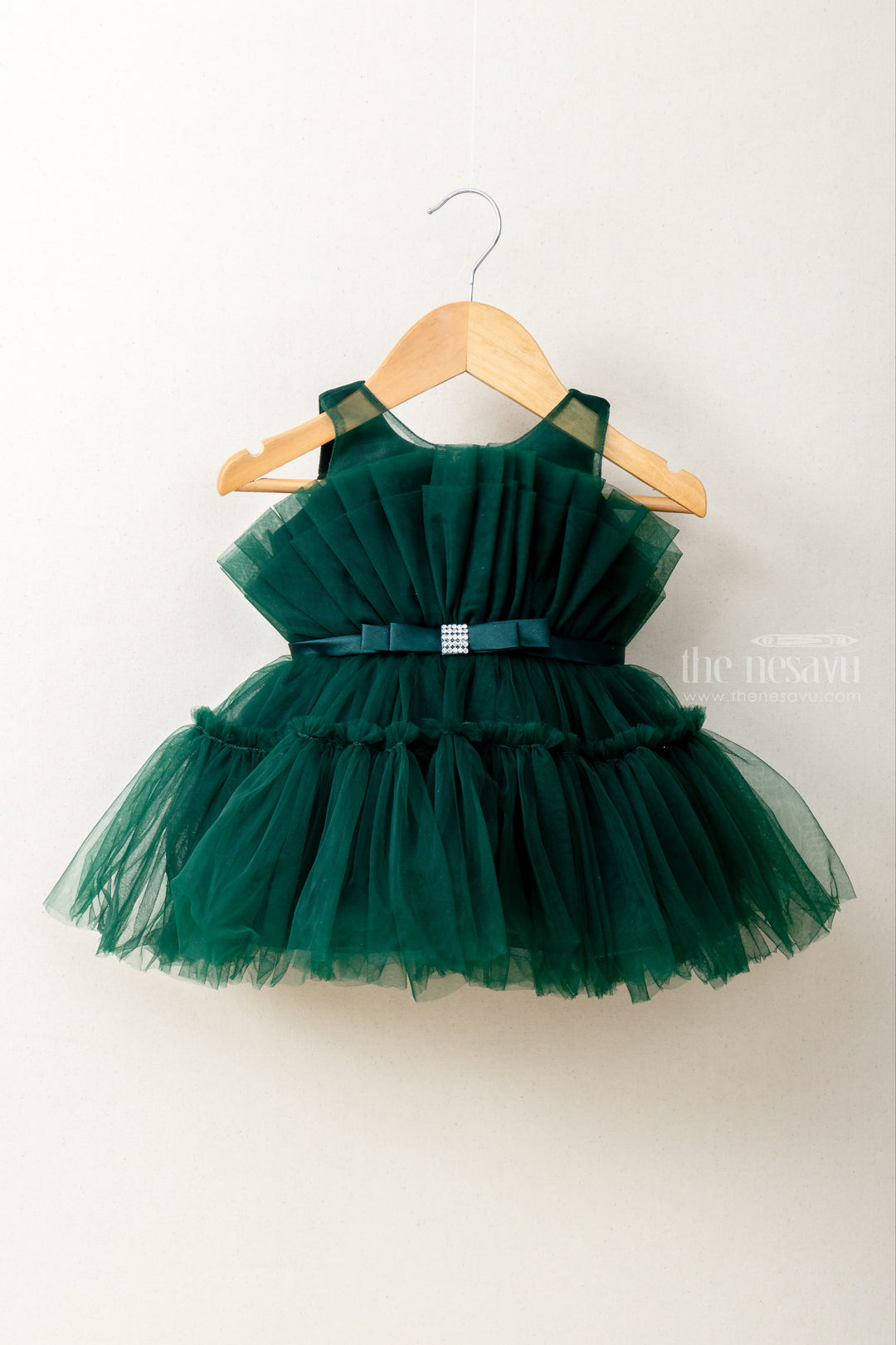 The Nesavu Party Frock Bottle Green Soft Net Pleated Designer Party Wear For Baby Girls psr silks Nesavu 14 (6M) / Green PF87B