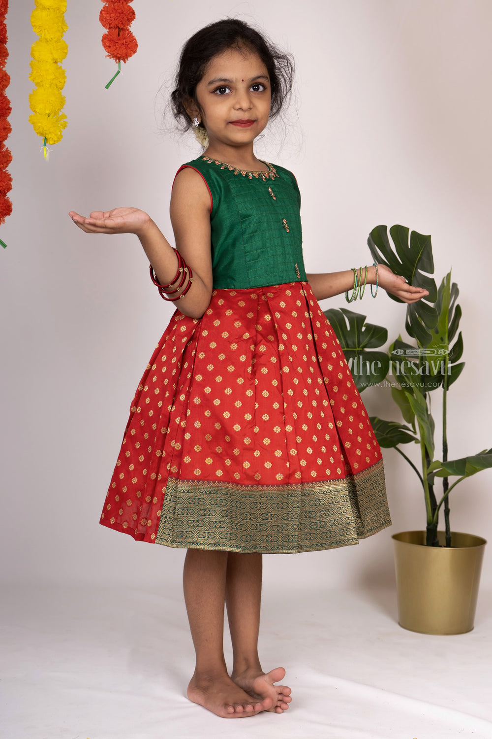 The Nesavu Silk Frocks Bottle Green With Red Embroidery Pattu Gown For Baby Girls psr silks Nesavu
