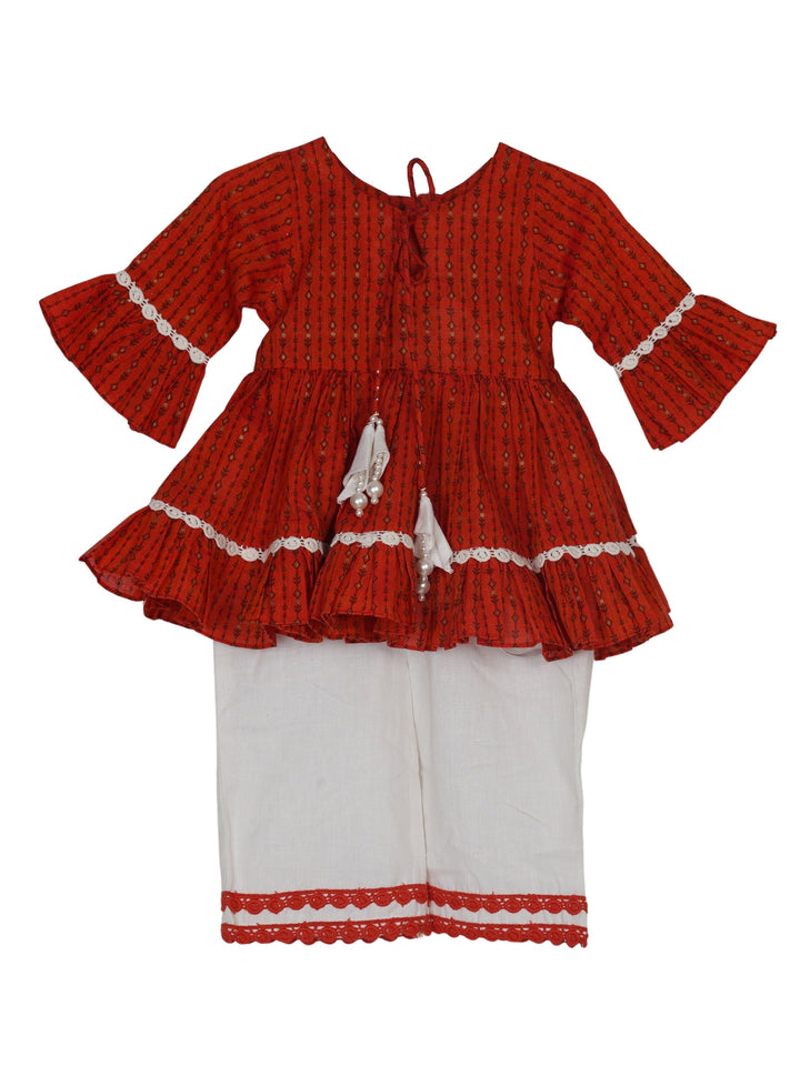 The Nesavu Sets & Suits Brick Red Block Print Cotton Flared Top with Cream Plazzo Set psr silks Nesavu 14 (6M-12M) / Red GPS052