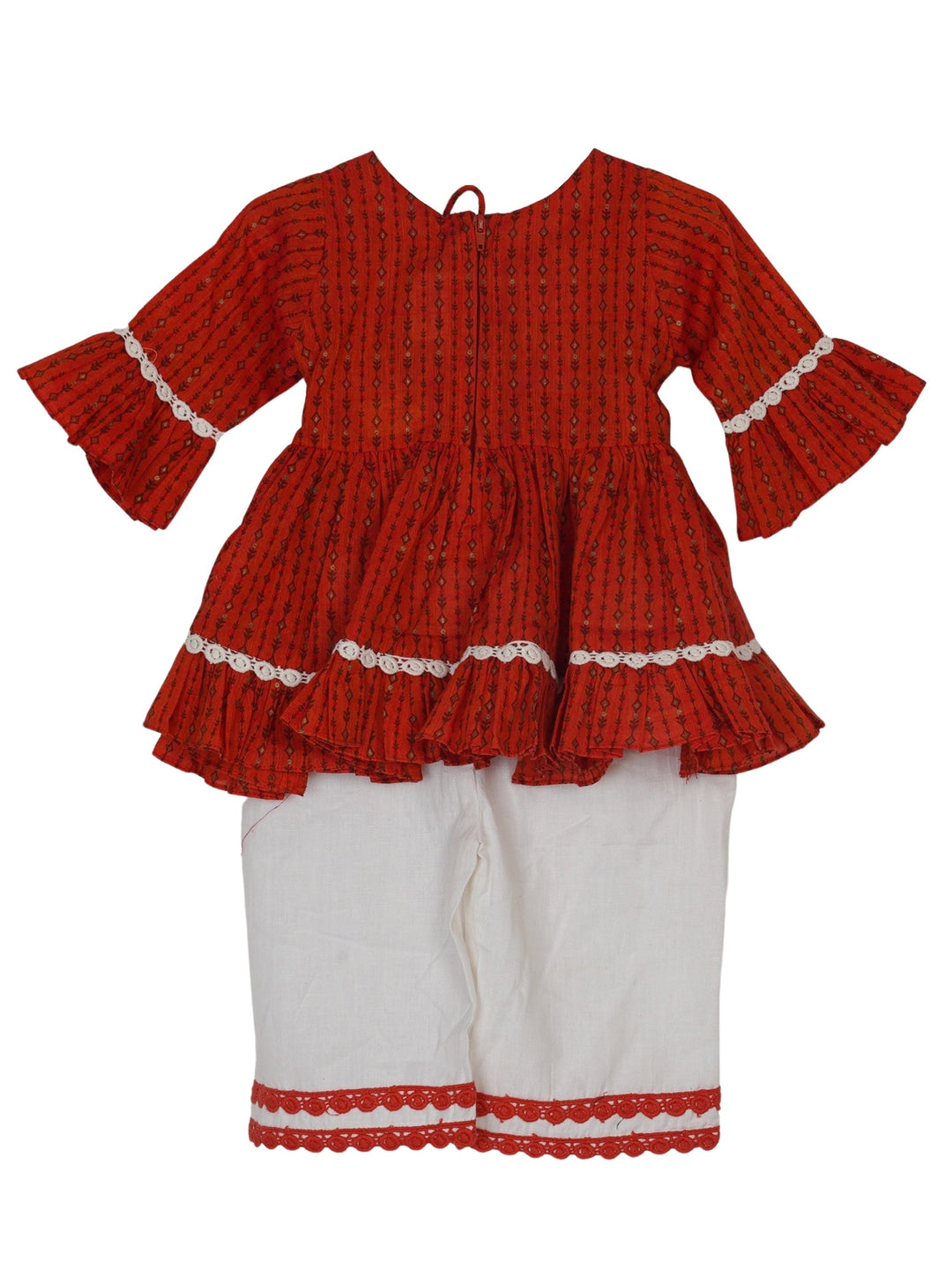 The Nesavu Sets & Suits Brick Red Block Print Cotton Flared Top with Cream Plazzo Set psr silks Nesavu