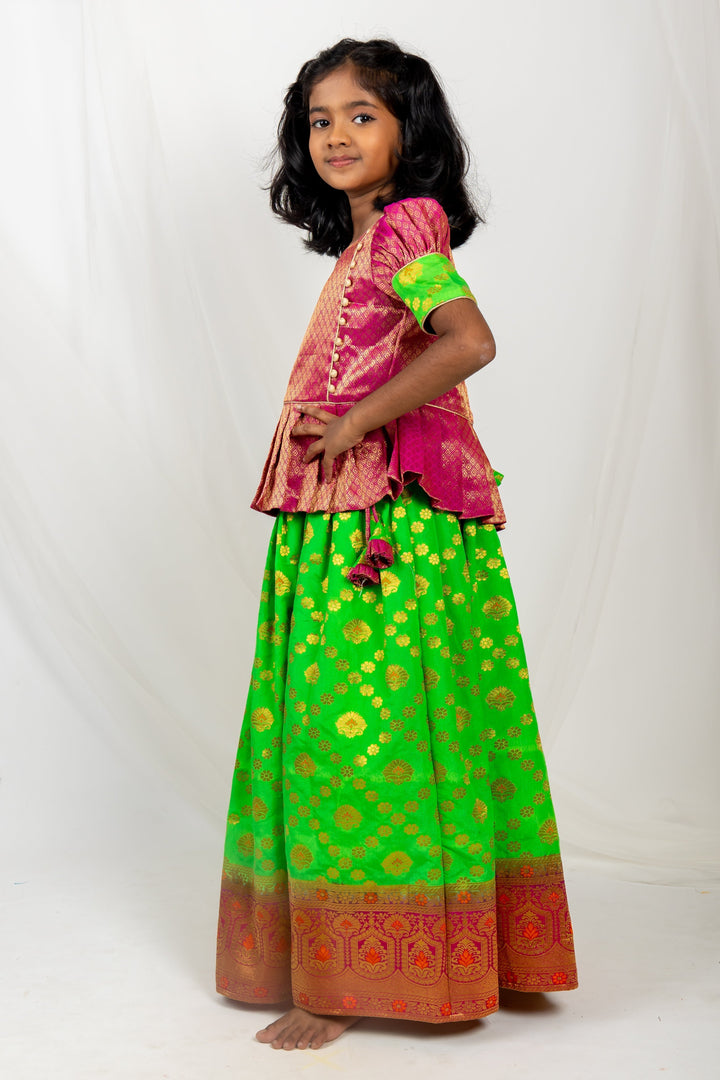 The Nesavu Pattu Pavadai Bright Green With Magenta Pink Banarasi Jacquard Silk Pattu Pavadai psr silks Nesavu 14 (6M) / Springgreen GPP225