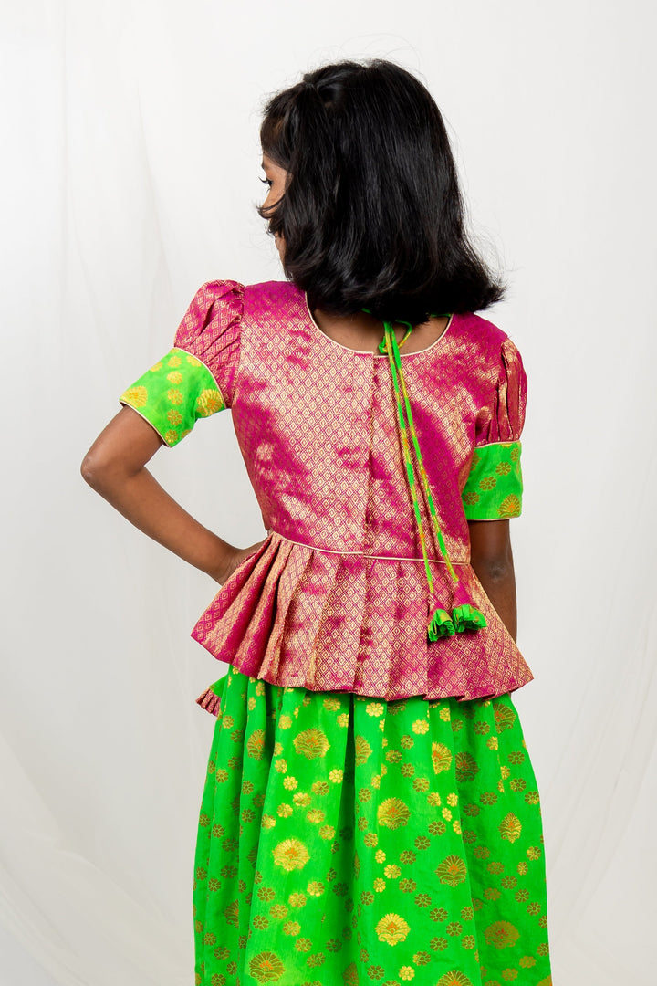 The Nesavu Pattu Pavadai Bright Green With Magenta Pink Banarasi Jacquard Silk Pattu Pavadai psr silks Nesavu