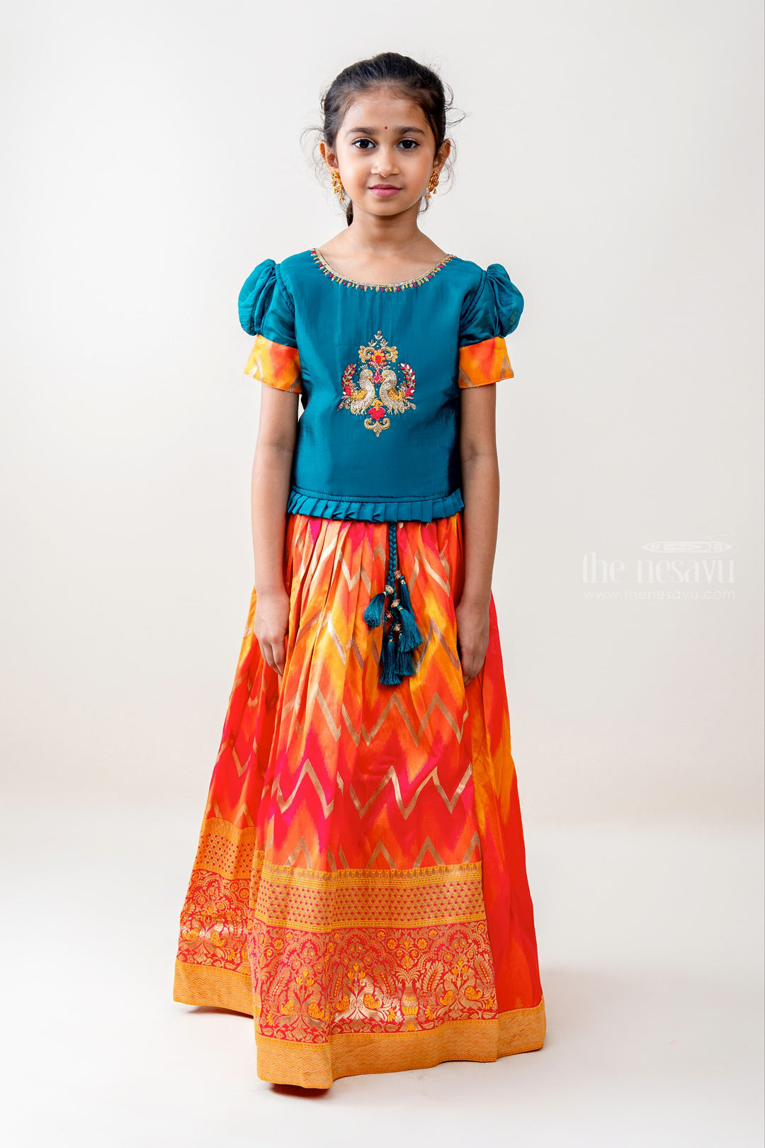 The Nesavu Lehenga & Ghagra Bright Light - Spell Bounding Frilled Green Choli With Cool Pink Skirt For Girls psr silks Nesavu 14 (6M) / orange GL291A