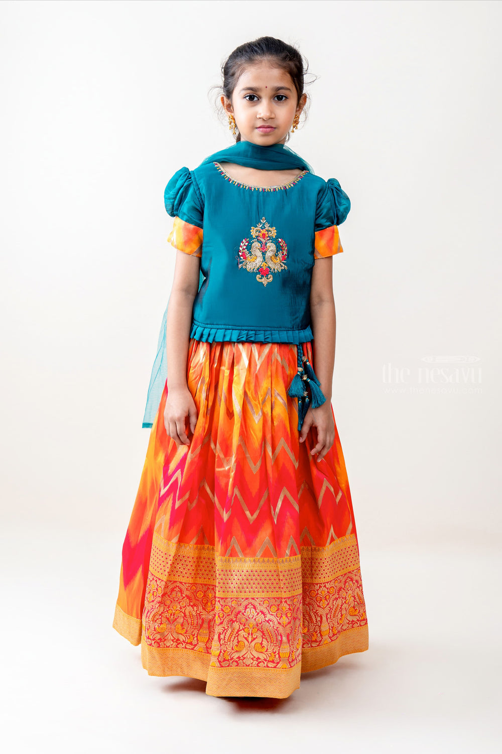 The Nesavu Lehenga & Ghagra Bright Light - Spell Bounding Frilled Green Choli With Cool Pink Skirt For Girls psr silks Nesavu
