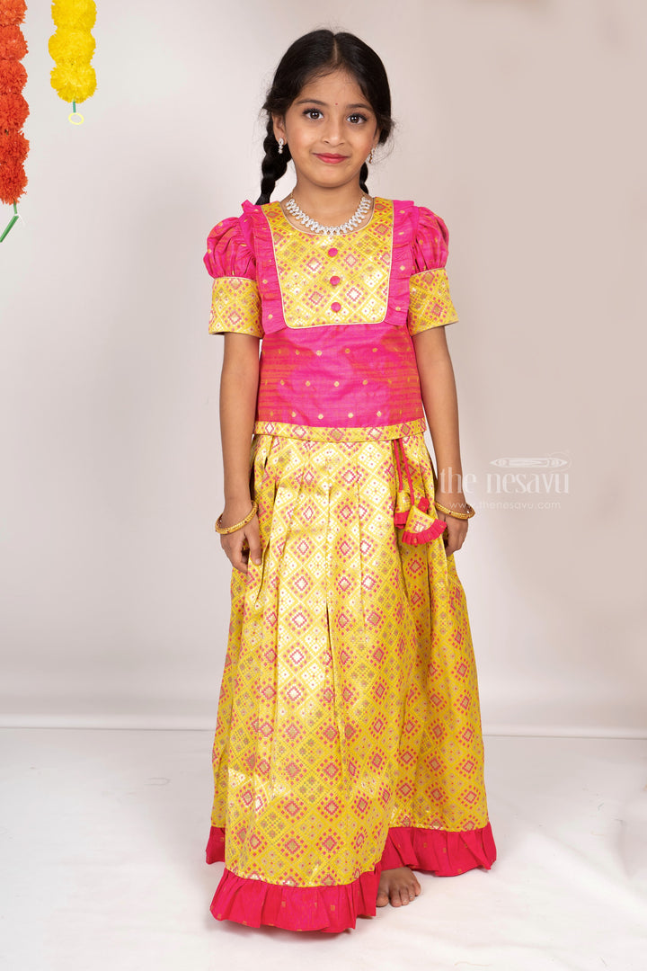 The Nesavu Pattu Pavadai Bright Neon Green With Pink Semi Jacquard Silk Pattu Pavada Sattai For Girls psr silks Nesavu 14 (6M) / yellow GPP243