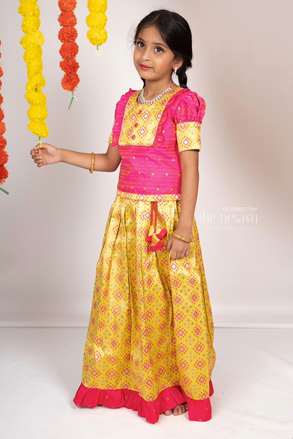 The Nesavu Pattu Pavadai Bright Neon Green With Pink Semi Jacquard Silk Pattu Pavada Sattai For Girls psr silks Nesavu