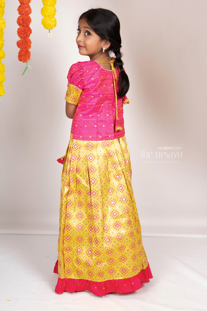 The Nesavu Pattu Pavadai Bright Neon Green With Pink Semi Jacquard Silk Pattu Pavada Sattai For Girls psr silks Nesavu