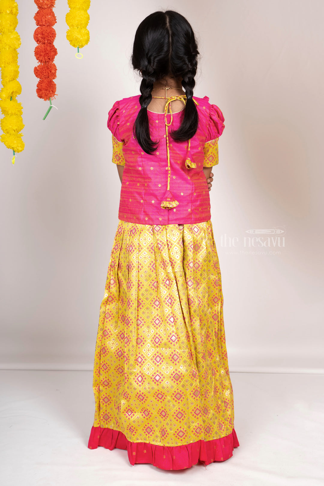 The Nesavu Pattu Pavadai Bright Neon Green With Pink Semi Jacquard Silk Pattu Pavada Sattai For Girls psr silks Nesavu