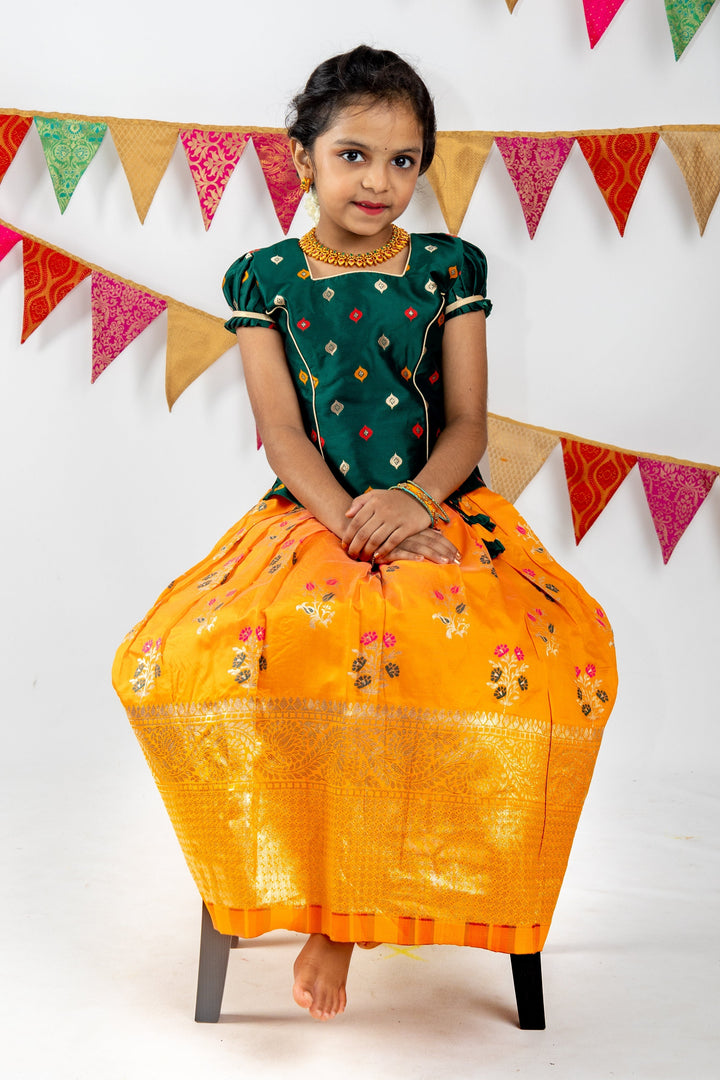 The Nesavu Pattu Pavadai Bright Orange With Green Banarasi Silk Pattu Langa Voni For Girls psr silks Nesavu 14 (6M) / orange GPP238