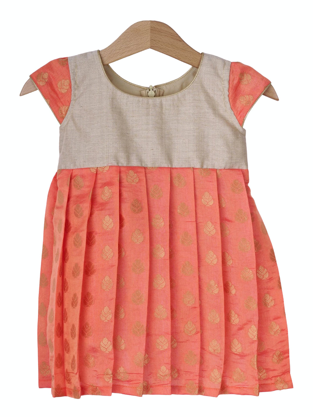 The Nesavu Baby Frock / Jhabla Bright Peach Pink Soft Semi-Silk Cotton Party Wear For Baby Girls psr silks Nesavu 12 (3M) / Coral BFJ278