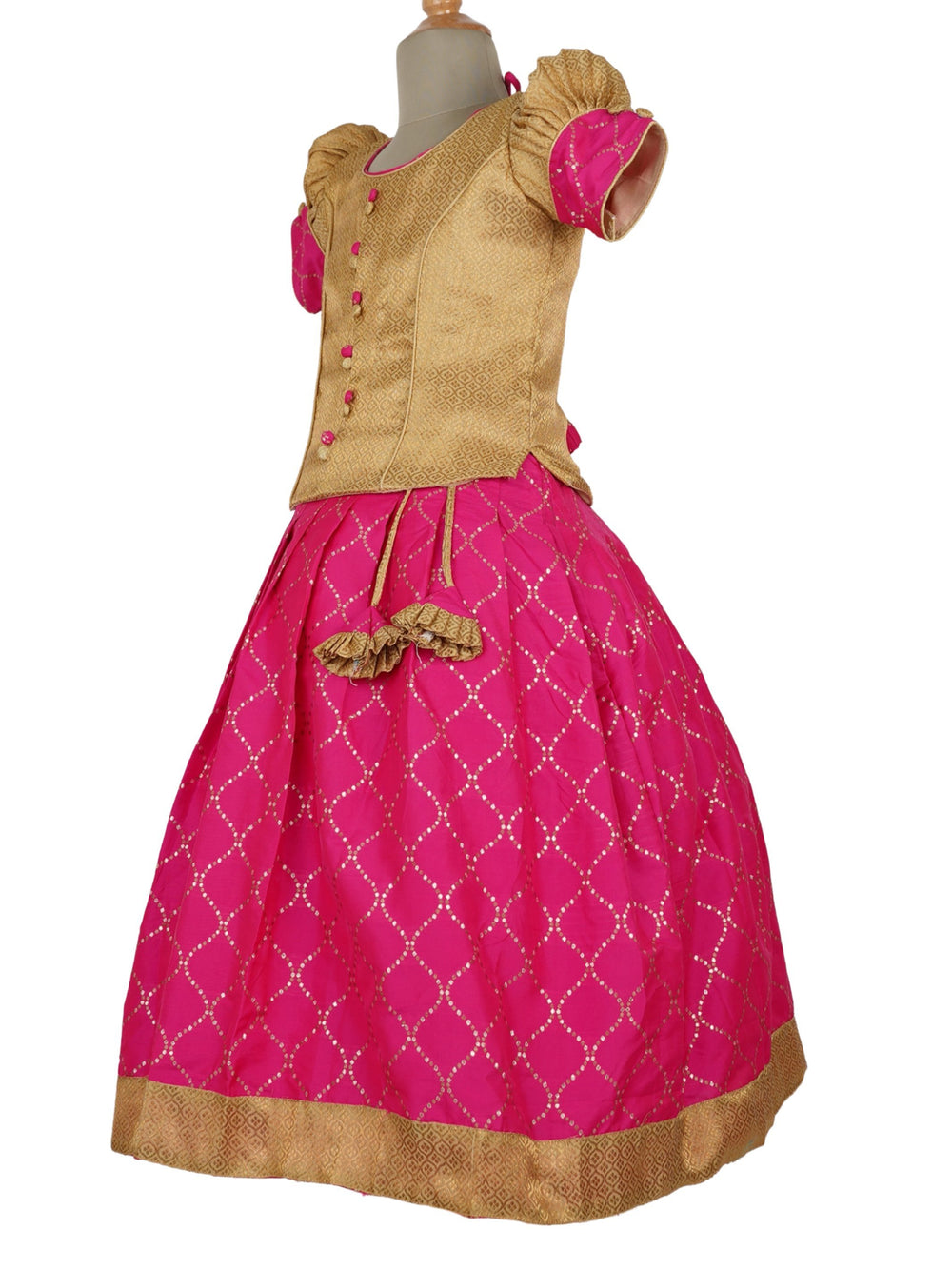 The Nesavu Pattu Pavadai Bright Pink Art Silk Designer Skirt With Golden Brocade Blouse psr silks Nesavu