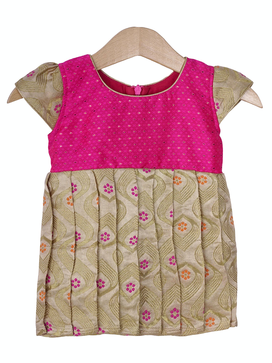 The Nesavu Silk frocks Bright Pink With Cream Art Silk Frock For New Born Baby Girls psr silks Nesavu 12 (3M) / beige SF382