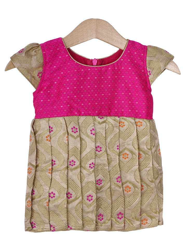 The Nesavu Silk frocks Bright Pink With Cream Art Silk Frock For New Born Baby Girls psr silks Nesavu 12 (3M) / beige SF382