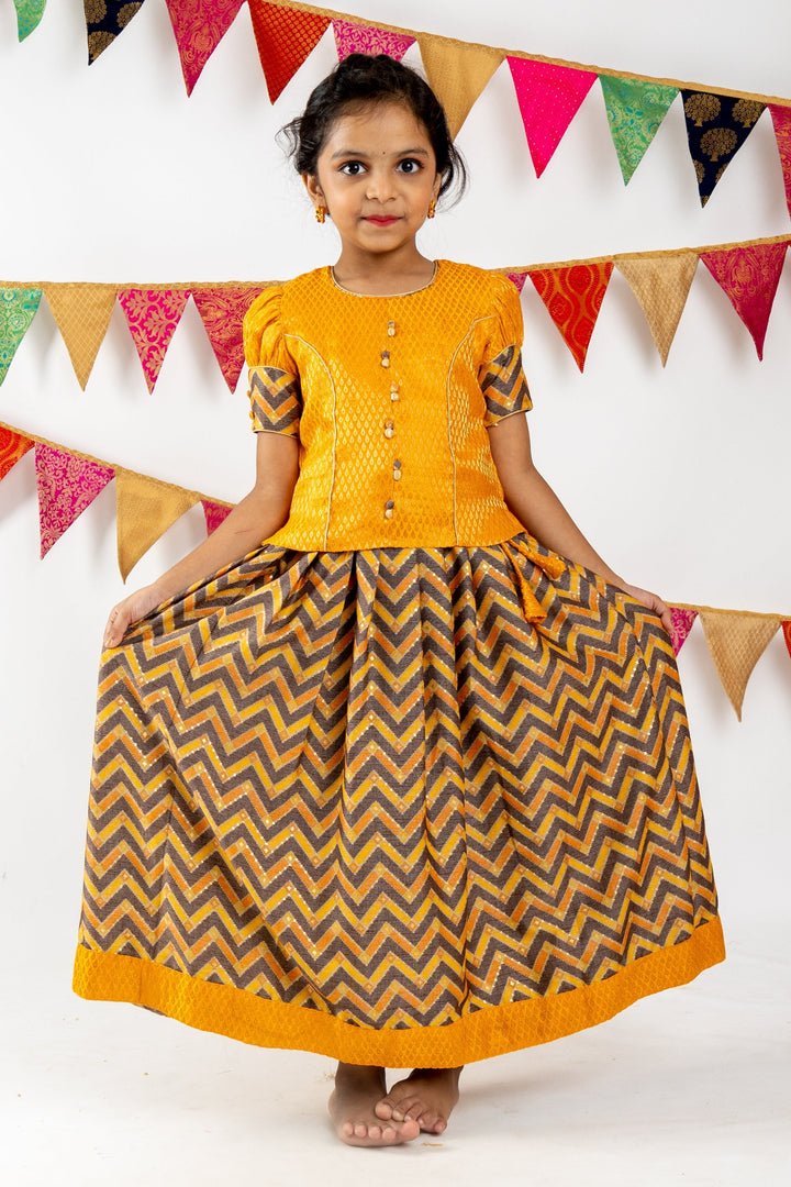The Nesavu Pattu Pavadai Bright Yellow Jacquard Blouse With Zig Zag Printed Semi Silk Pattu Pavada psr silks Nesavu 14 (6M) / Goldenrod GPP220