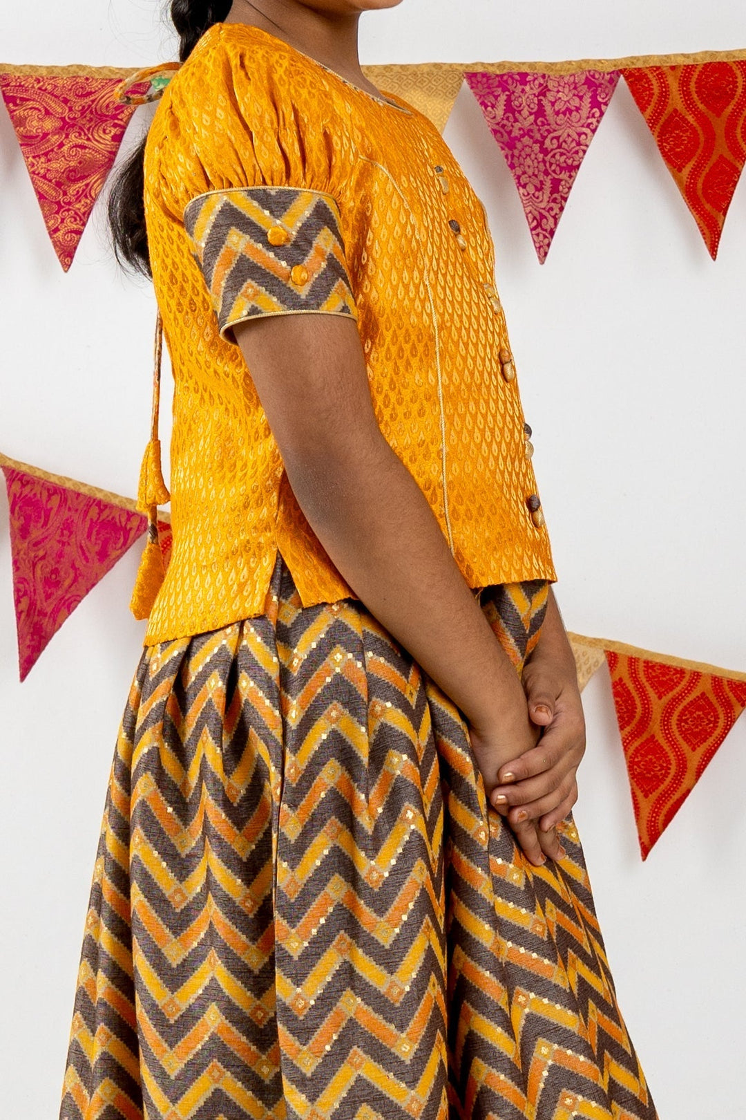 The Nesavu Pattu Pavadai Bright Yellow Jacquard Blouse With Zig Zag Printed Semi Silk Pattu Pavada psr silks Nesavu