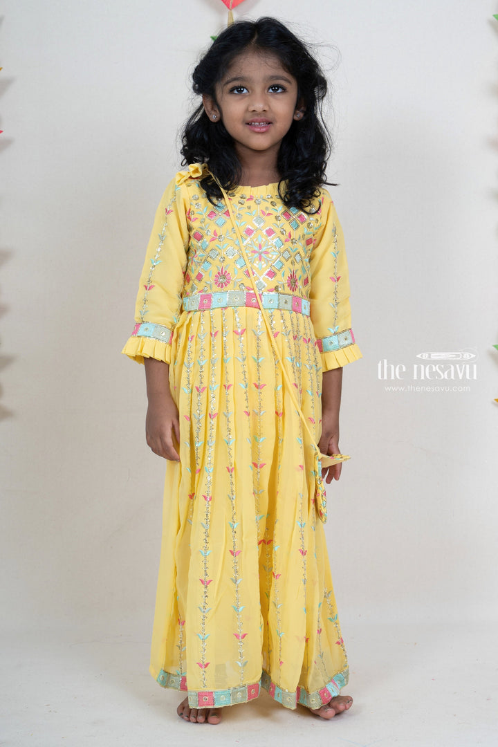 The Nesavu Sets & Suits Bright Yellow Pleated Georgette Embroidery Festive Wear For Baby Girls psr silks Nesavu 16 (1Y) / yellow GPS096A