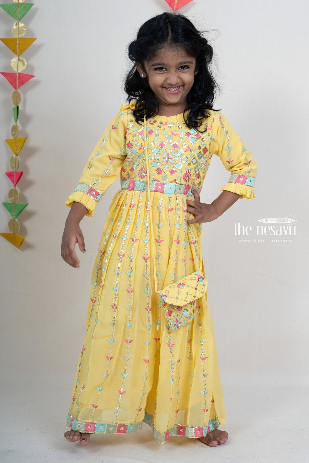 The Nesavu Sets & Suits Bright Yellow Pleated Georgette Embroidery Festive Wear For Baby Girls psr silks Nesavu