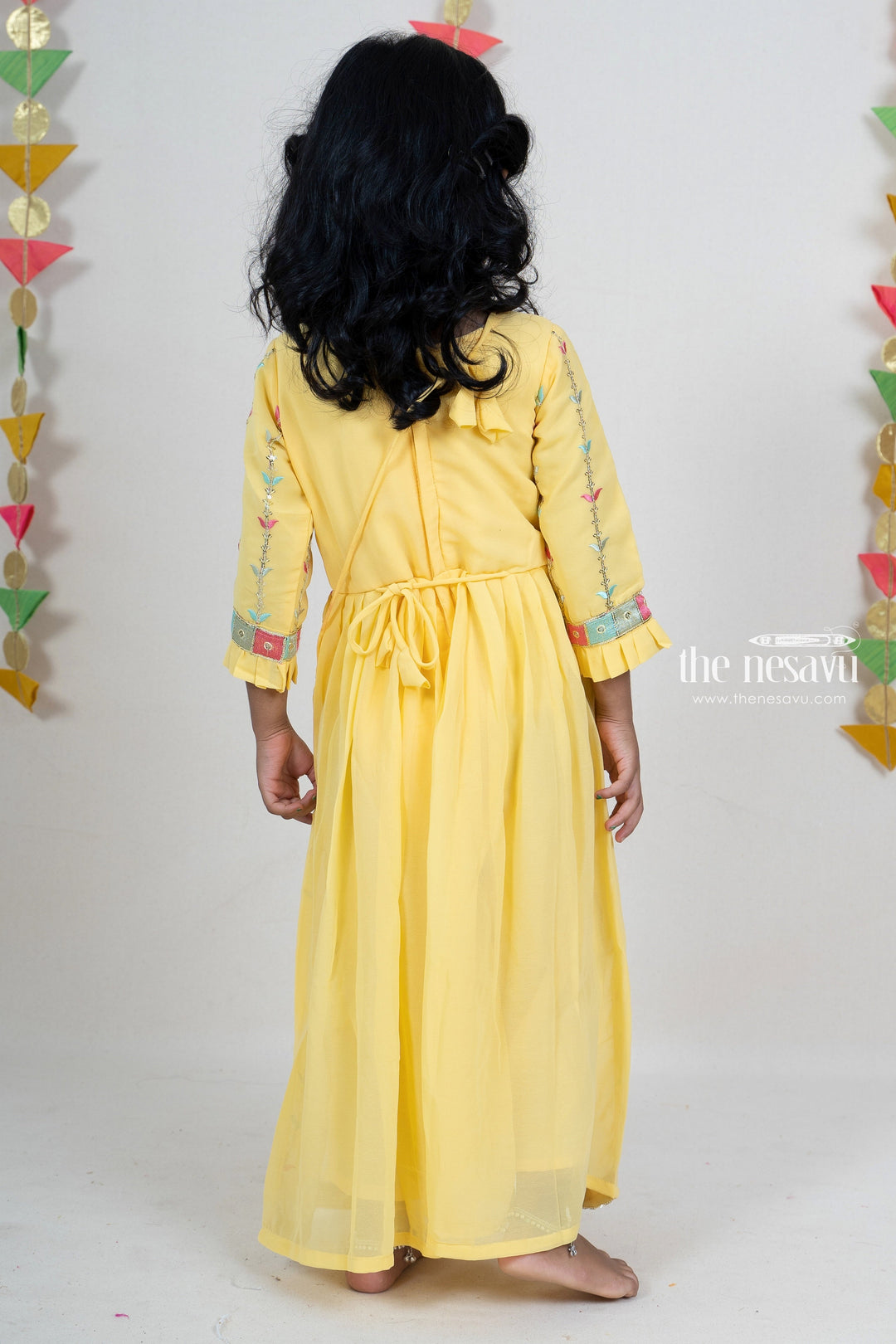 The Nesavu Sets & Suits Bright Yellow Pleated Georgette Embroidery Festive Wear For Baby Girls psr silks Nesavu