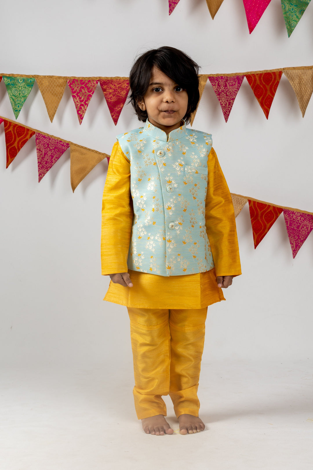 The Nesavu Ethnic Sets Bright Yellow Silk Cotton Kurta With Designer Blue Over Coat psr silks Nesavu 14 (6M) / Orange BES168