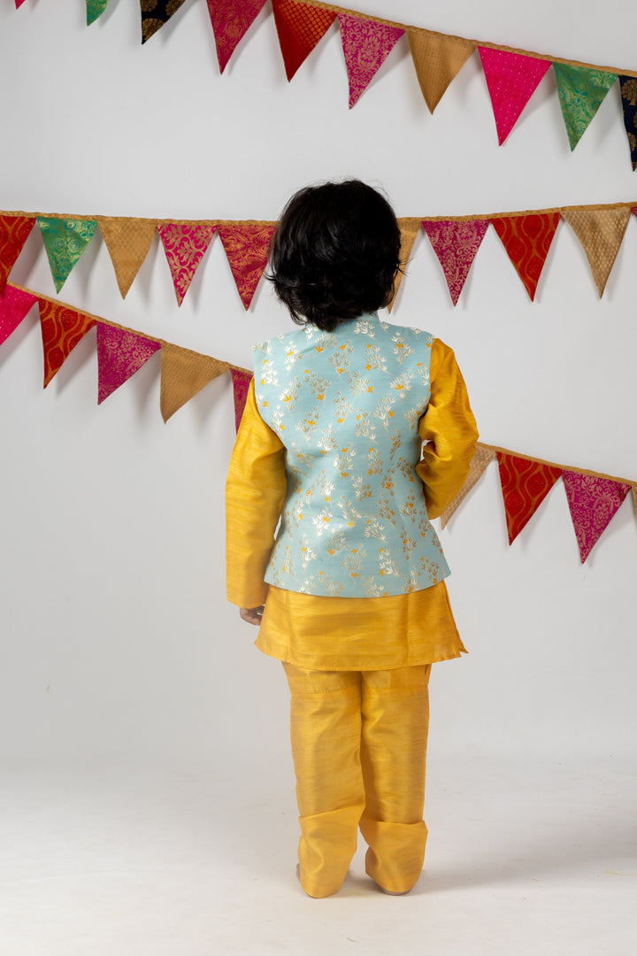 The Nesavu Ethnic Sets Bright Yellow Silk Cotton Kurta With Designer Blue Over Coat psr silks Nesavu
