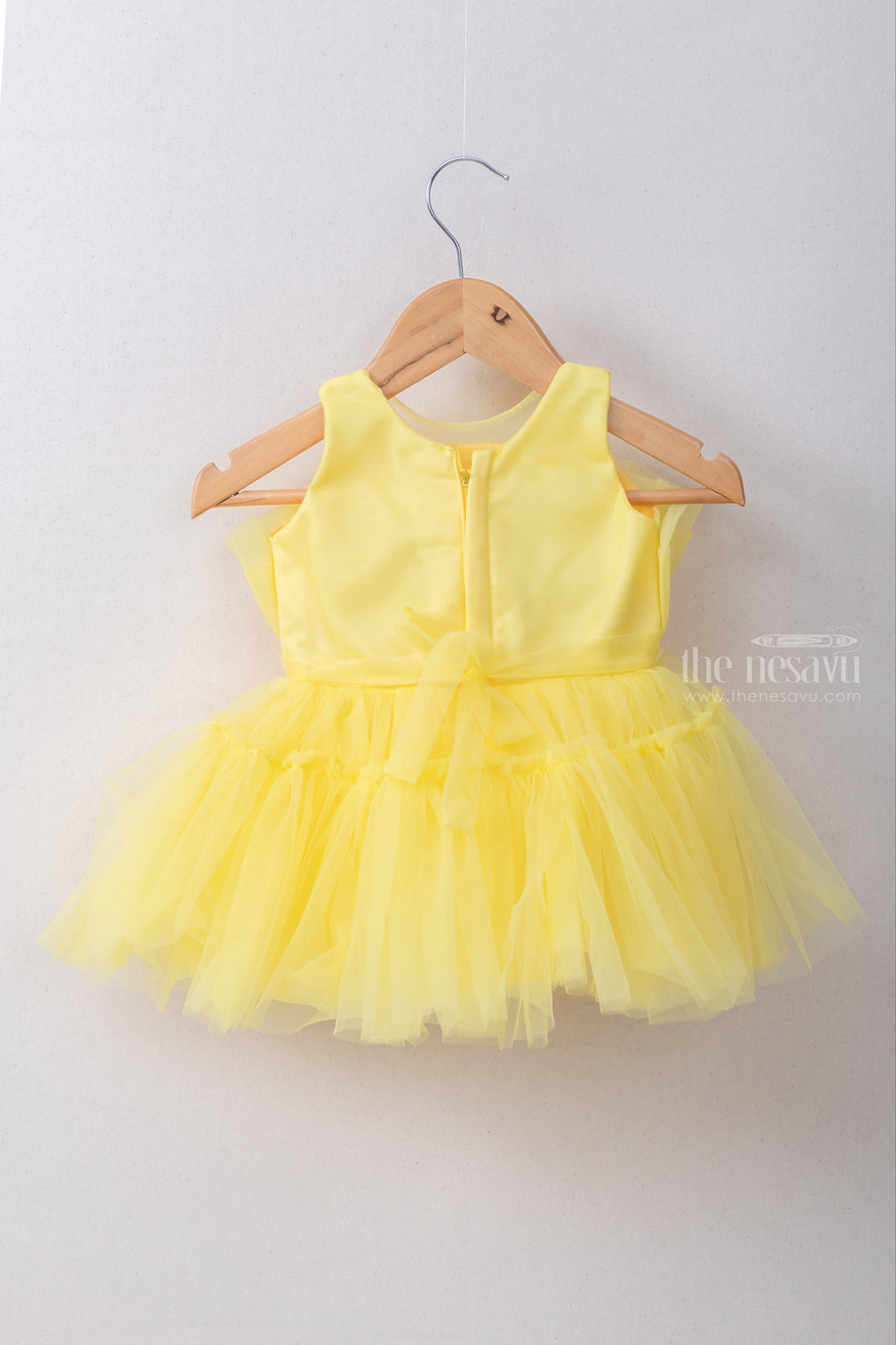 The Nesavu Party Frock Bright Yellow Soft Net Fluffy A-Line Frock With Matching Hairband And Shoes psr silks Nesavu
