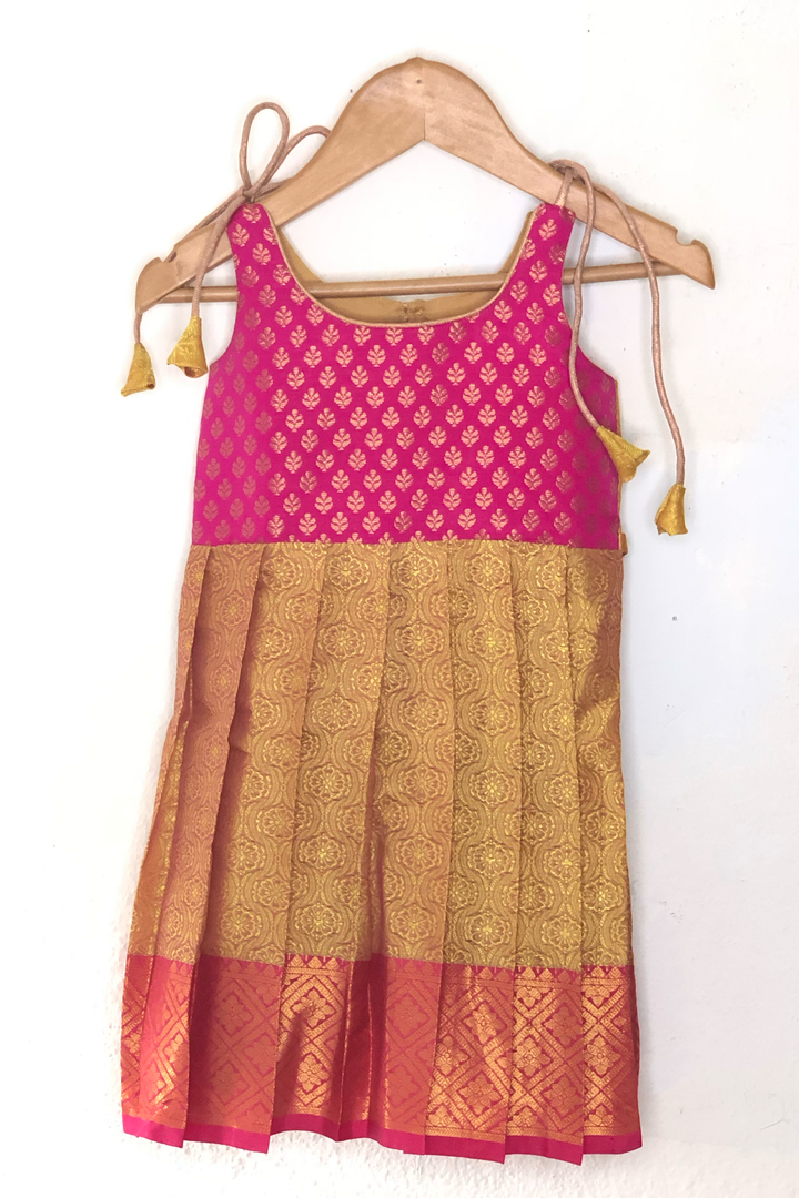 The Nesavu Tie-up Frock Bright Yellow With Pink Semi-Kanchipuram Silk Tie-Up Frock For Baby Girls psr silks Nesavu 14 (6M) / Yellow T240C