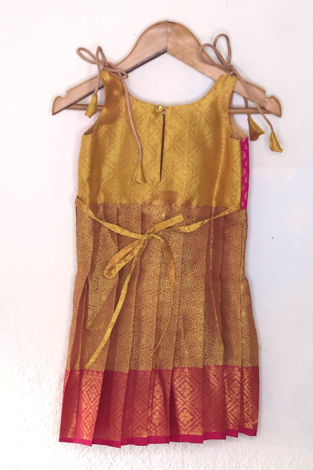 The Nesavu Tie-up Frock Bright Yellow With Pink Semi-Kanchipuram Silk Tie-Up Frock For Baby Girls psr silks Nesavu