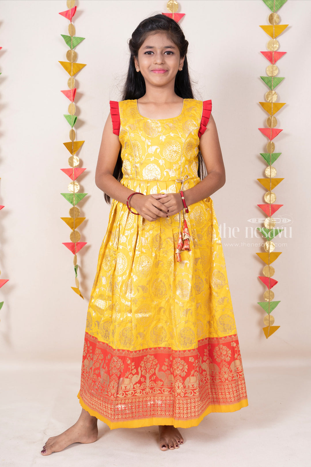 The Nesavu Kids Anarkali Bright Yellow With Red Banarasi Silk Cotton Anarkali For Girls psr silks Nesavu 14 (6M) / yellow GA110