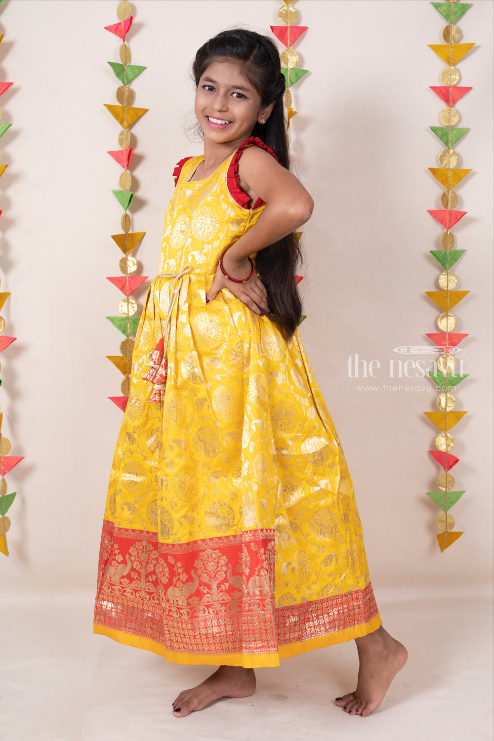 The Nesavu Kids Anarkali Bright Yellow With Red Banarasi Silk Cotton Anarkali For Girls psr silks Nesavu