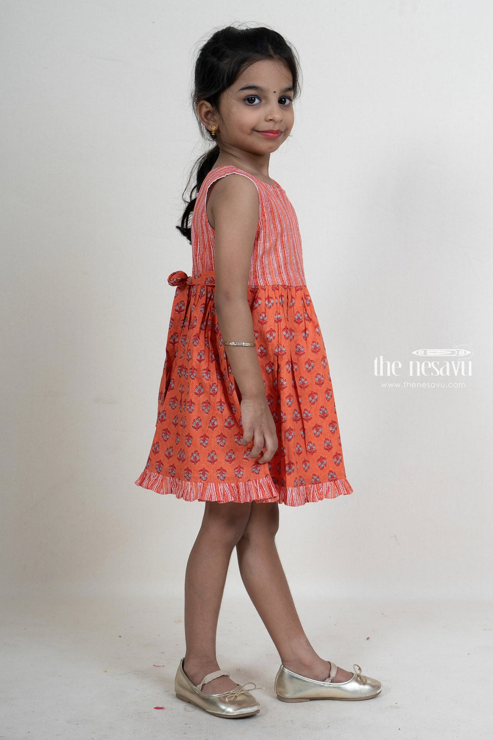 The Nesavu Frocks & Dresses Brown Soft Cotton Printed Gown For Girls With Embroidery Motif psr silks Nesavu