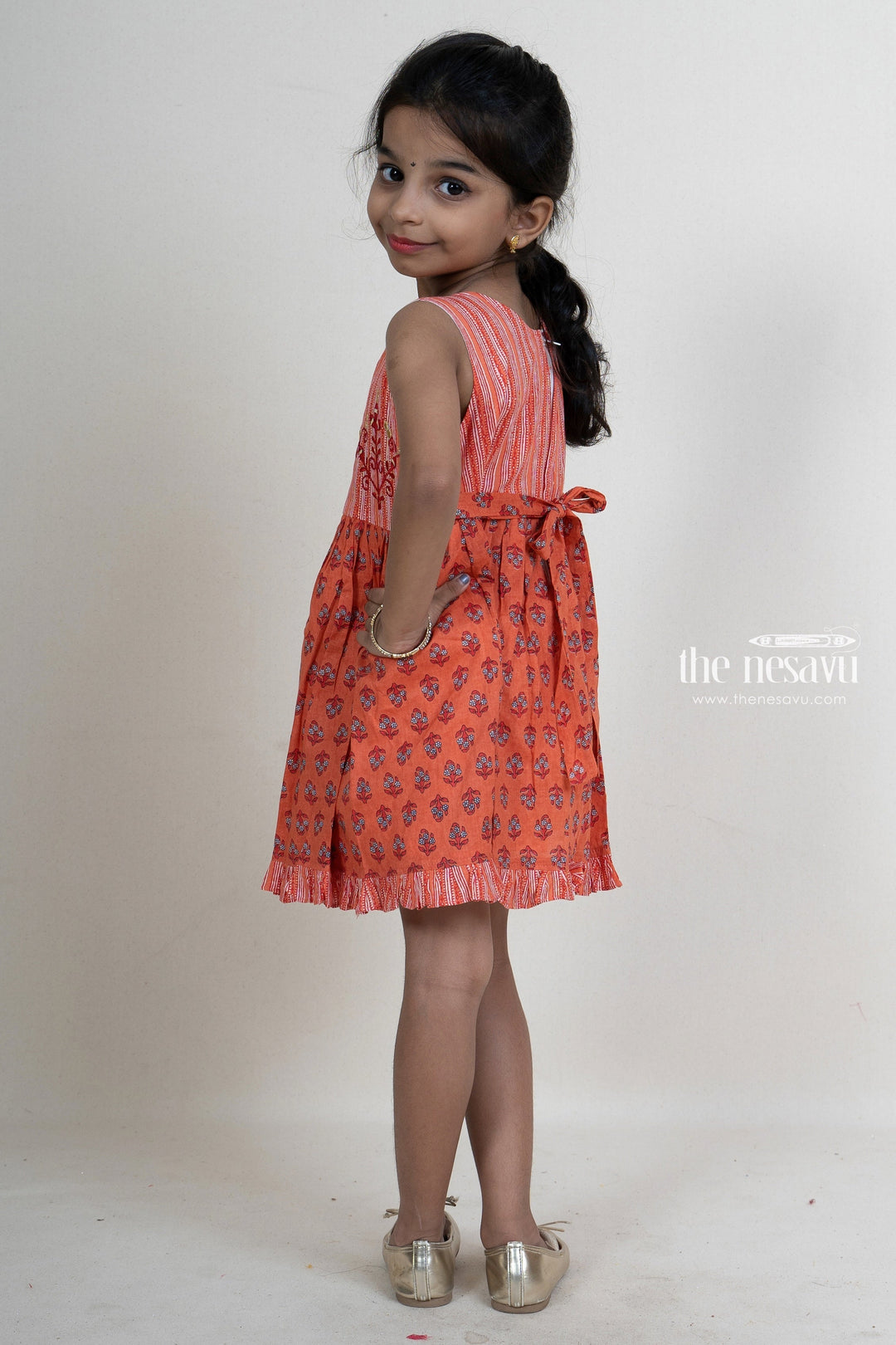 The Nesavu Frocks & Dresses Brown Soft Cotton Printed Gown For Girls With Embroidery Motif psr silks Nesavu