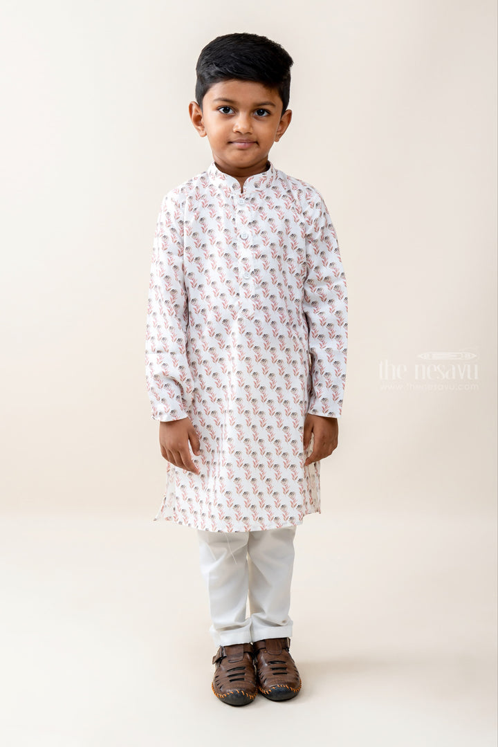 The Nesavu Ethnic Sets Budding Flowers - Blended Cotton Round Neck Shirt and Pure Cotton Pant For Boys psr silks Nesavu 14 (6M) / WhiteSmoke BES224A