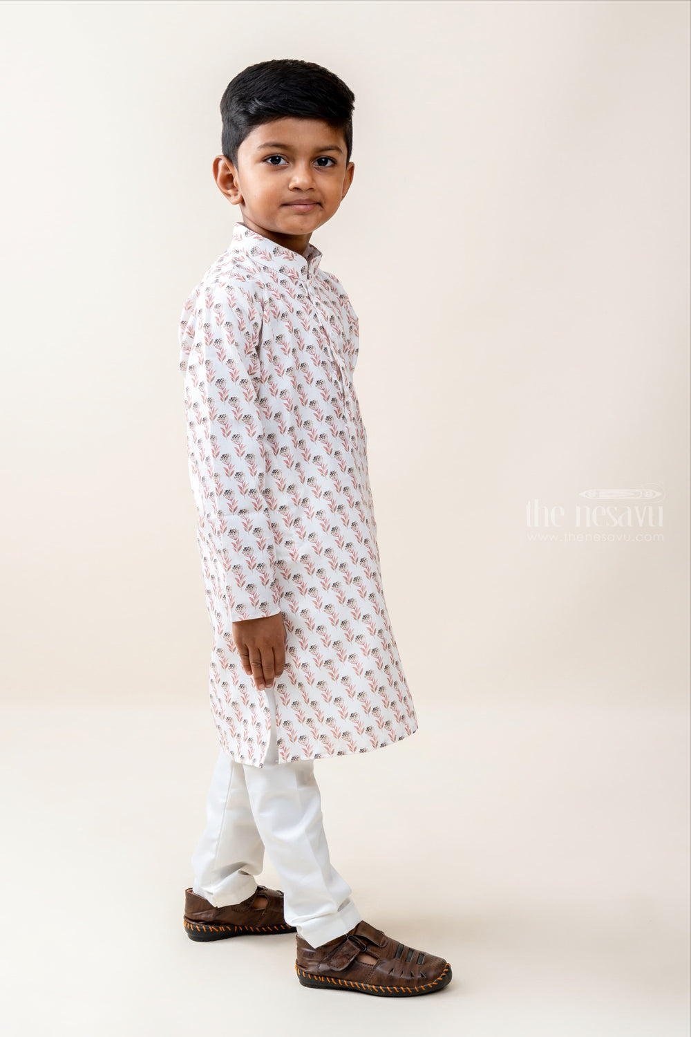 The Nesavu Ethnic Sets Budding Flowers - Blended Cotton Round Neck Shirt and Pure Cotton Pant For Boys psr silks Nesavu