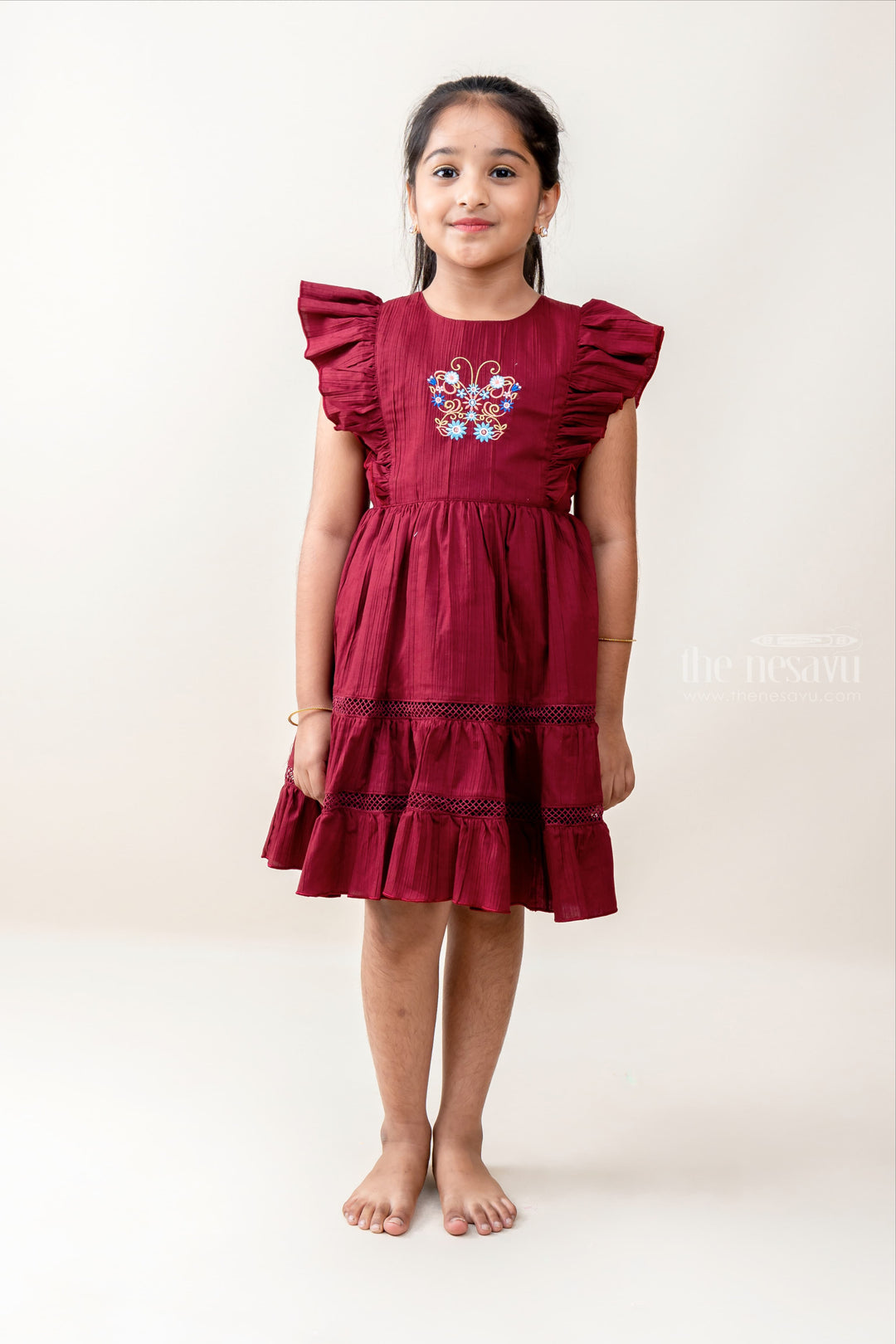 The Nesavu Frocks & Dresses Butterfly Maroon designer Casual Wear For Baby Girls psr silks Nesavu 20 (3Y) / Maroon GFC951A