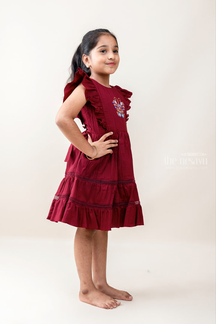 The Nesavu Frocks & Dresses Butterfly Maroon designer Casual Wear For Baby Girls psr silks Nesavu