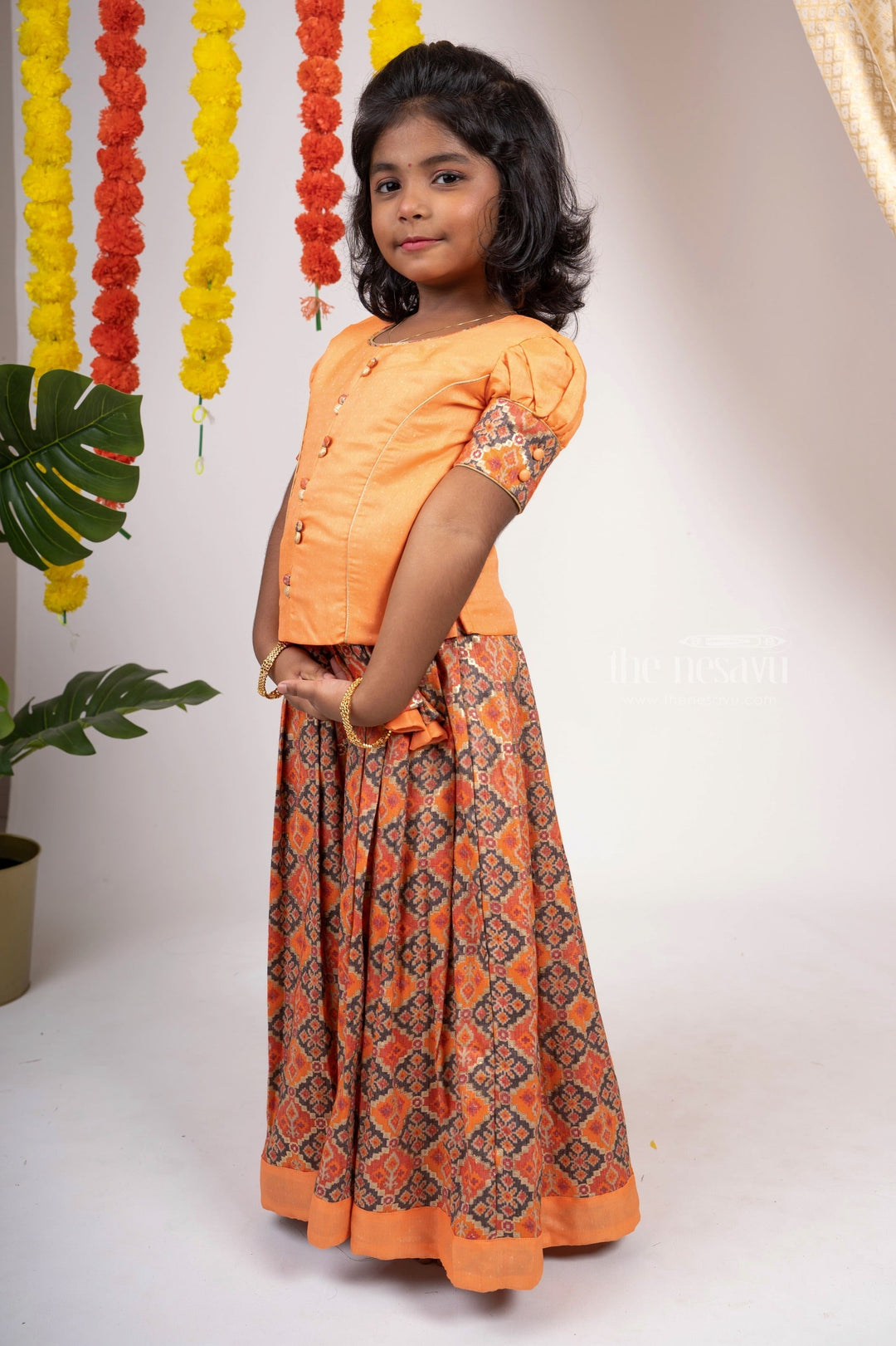 The Nesavu Pattu Pavadai Carrot Orange Silk Cotton Patola Designer Langa Voni For Baby Girls psr silks Nesavu 14 (6M) / Coral GPP218