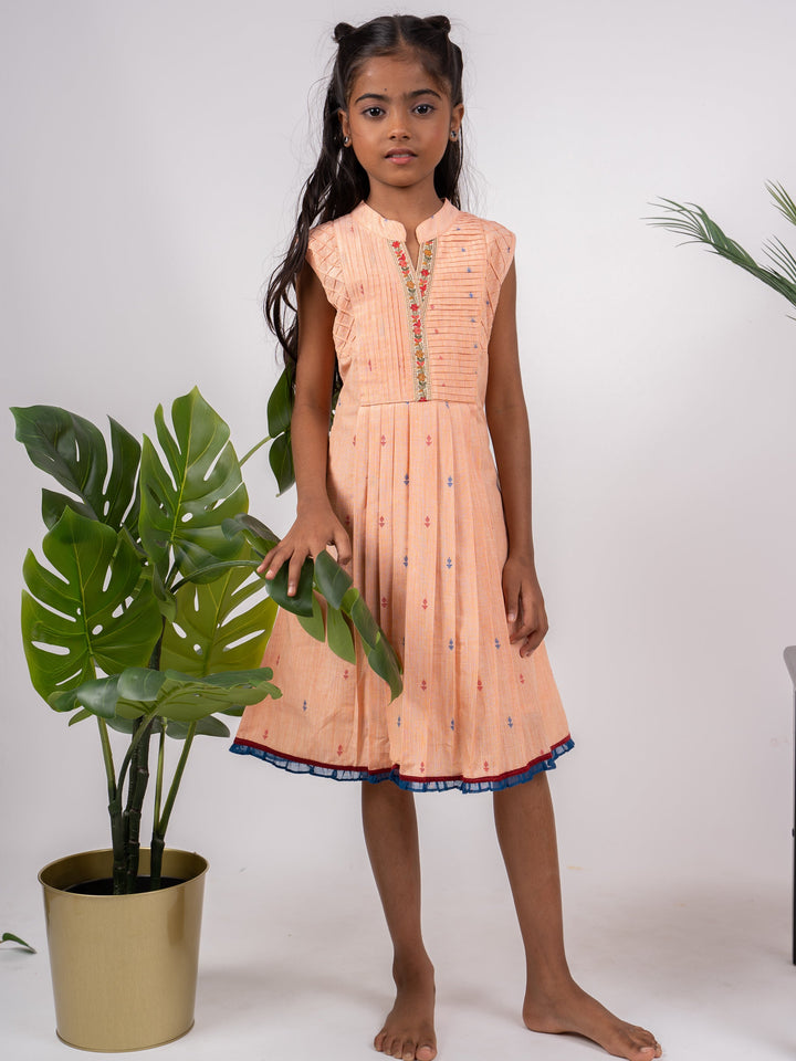 The Nesavu Frocks & Dresses Chanderi Cotton Dobby with Embroidered Yoke Frock psr silks Nesavu 16 (1Y) / peachpuff GFC658