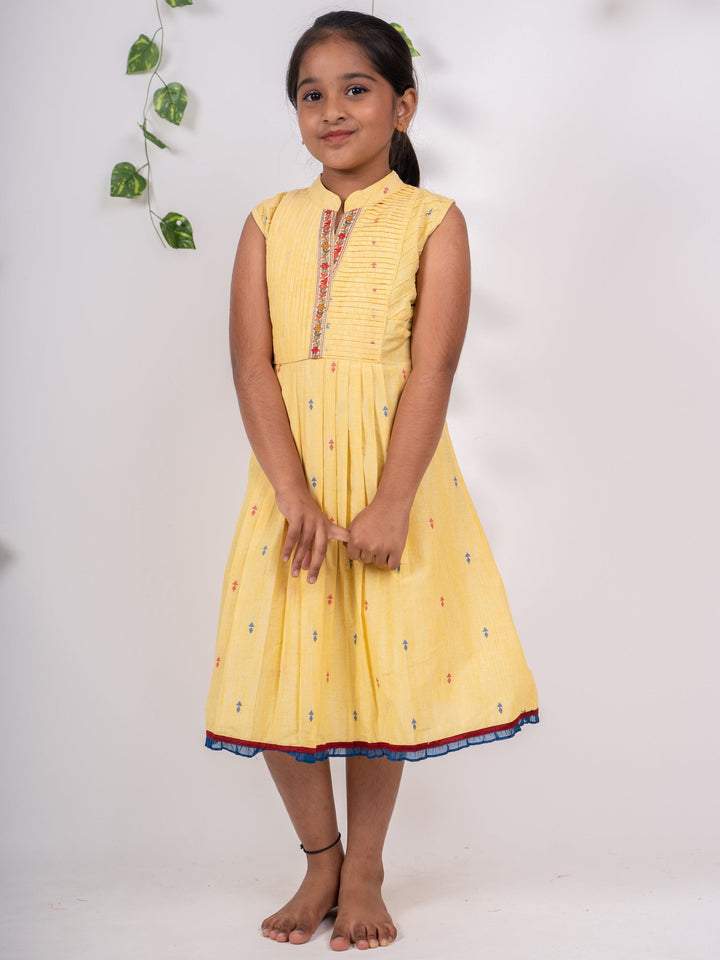 The Nesavu Frocks & Dresses Chanderi Cotton Frock with Pleated Front psr silks Nesavu 16 (1Y) / yellow GFC657