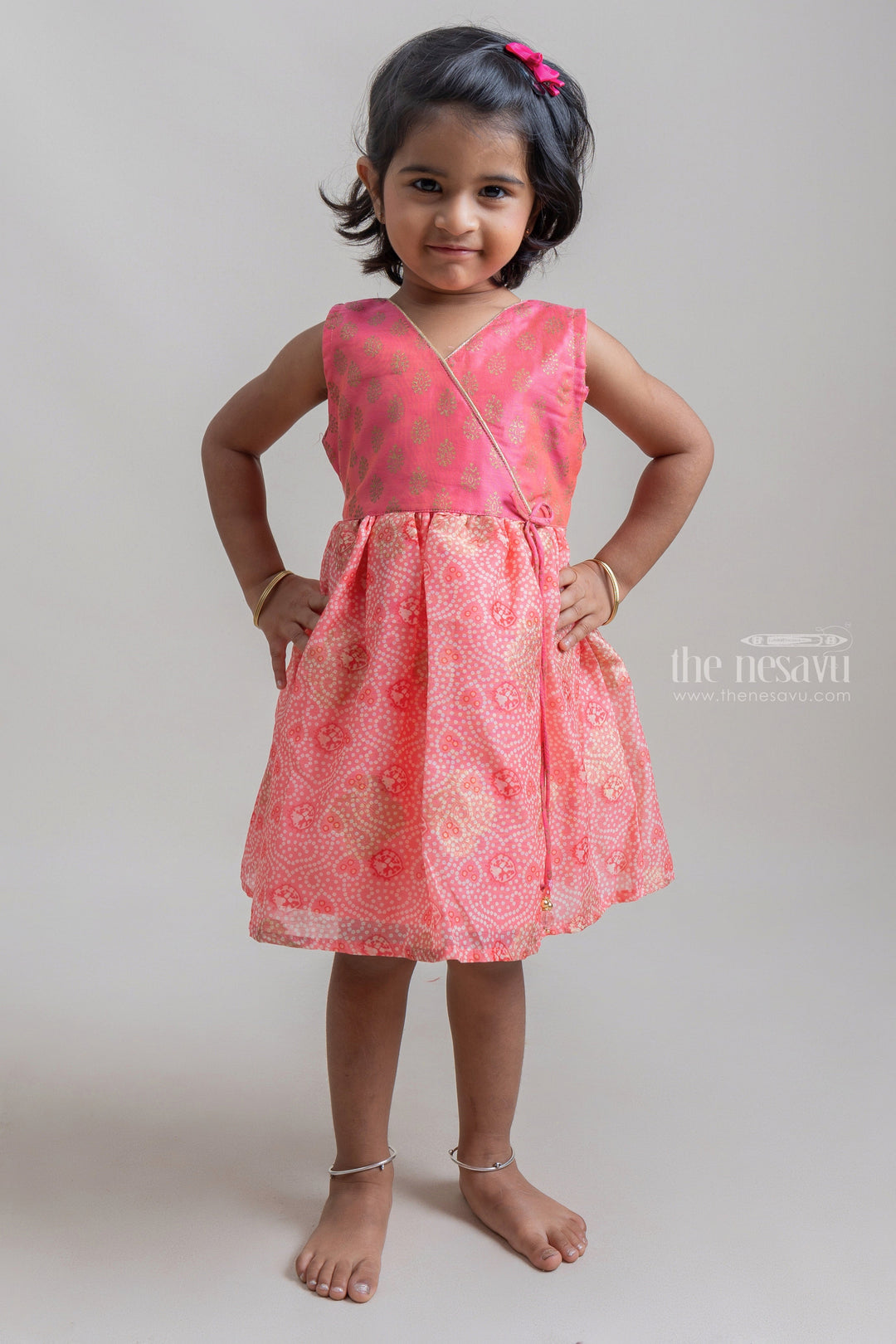 The Nesavu Frocks & Dresses Charming Salmon Pink Sleeveless Geometric Printed Cotton Frock For Girls psr silks Nesavu 16 (1Y) / Salmon GFC1019A