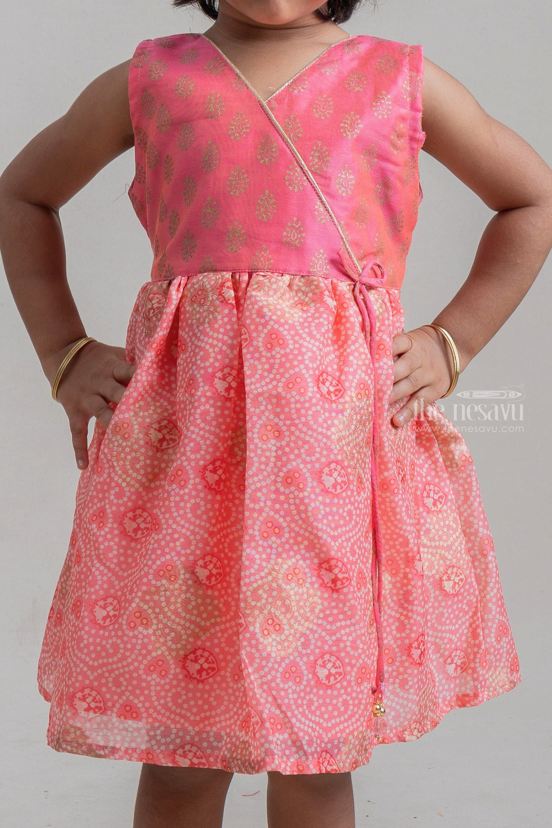 The Nesavu Frocks & Dresses Charming Salmon Pink Sleeveless Geometric Printed Cotton Frock For Girls psr silks Nesavu
